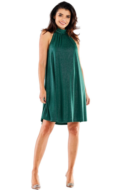 Sukienka mini rozkloszowana brokatowa na stójce bez rękawów zielona